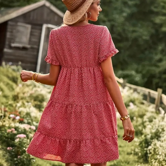 WOMENS | SHORT SLEEVE RUFFLE POLKA DOT CREW NECK MIDI SUMMER DRESS - Picture 2 of 5